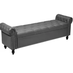 VEVOR Button-Tufted Storage Ottoman Bench, Rolled Arm PU Leather Bench with Solid Wood Legs, Modern Shoe Benches Seat for Entryway, Upholstered End of Bed Benches for Living Room, Dining Room, Gray