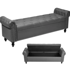 VEVOR Button-Tufted Storage Ottoman Bench, Rolled Arm PU Leather Bench with Solid Wood Legs, Modern Shoe Benches Seat for Entryway, Upholstered End of Bed Benches for Living Room, Dining Room, Gray