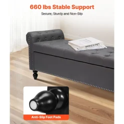 VEVOR Button-Tufted Storage Ottoman Bench, Rolled Arm PU Leather Bench with Solid Wood Legs, Modern Shoe Benches Seat for Entryway, Upholstered End of Bed Benches for Living Room, Dining Room, Gray