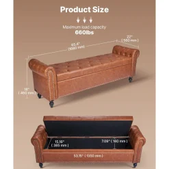 VEVOR Button-Tufted Storage Ottoman Bench, Rolled Arm PU Leather Bench with Solid Wood Legs, Modern Shoe Benches Seat for Entryway, Upholstered End of Bed Benches for Living Room, Dining Room, Brown