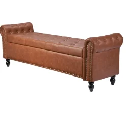 VEVOR Button-Tufted Storage Ottoman Bench, Rolled Arm PU Leather Bench with Solid Wood Legs, Modern Shoe Benches Seat for Entryway, Upholstered End of Bed Benches for Living Room, Dining Room, Brown