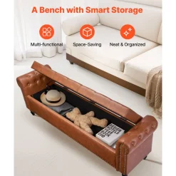 VEVOR Button-Tufted Storage Ottoman Bench, Rolled Arm PU Leather Bench with Solid Wood Legs, Modern Shoe Benches Seat for Entryway, Upholstered End of Bed Benches for Living Room, Dining Room, Brown