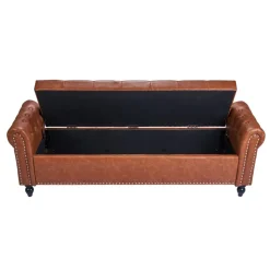 VEVOR Button-Tufted Storage Ottoman Bench, Rolled Arm PU Leather Bench with Solid Wood Legs, Modern Shoe Benches Seat for Entryway, Upholstered End of Bed Benches for Living Room, Dining Room, Brown
