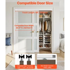 VEVOR Bypass Door Hardware, 6ft Heavy Duty Bypass Sliding Door Hardware Kit, Aluminum Alloy Sliding Closet Door Hardware Set for 2 Door System, Fit Door Thickness 1 3/8