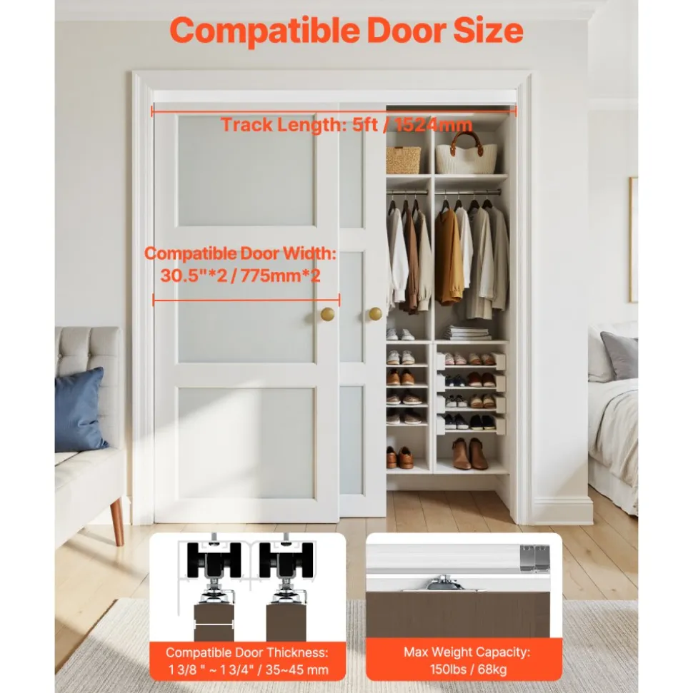 VEVOR Bypass Door Hardware, 5ft Heavy Duty Bypass Sliding Door Hardware Kit, Aluminum Alloy Sliding Closet Door Hardware Set for 2 Door System, Fit Door Thickness 1 3/8 " - 1 3/4", Easy to Install