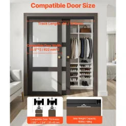 VEVOR Bypass Door Hardware, 4ft Heavy Duty Bypass Sliding Door Hardware Kit, Aluminum Alloy Sliding Closet Door Hardware Set with Finger Pulls, for 2 Door System, Fit Door Thickness 1 3/8
