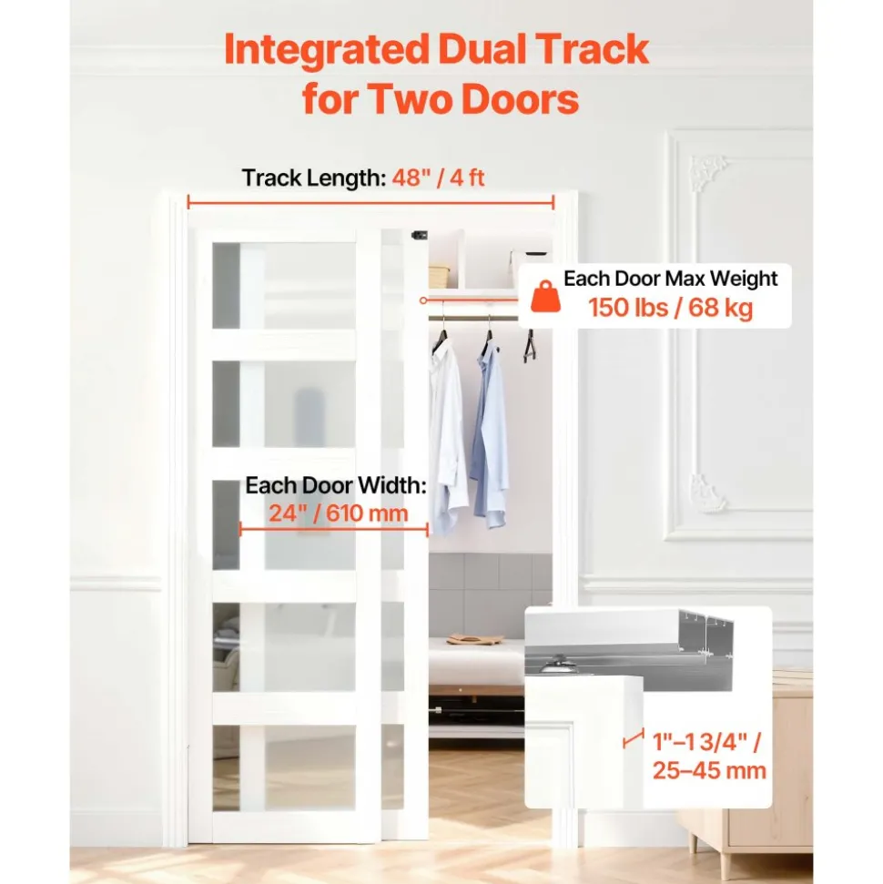 VEVOR Bypass Sliding Door Hardware Kit, 4 ft Aluminum Alloy Dual-Track Bypass Door Hardware, Smooth and Quiet Sliding, Easy to Install, for 1" to 1 3/4" Thickness 24" Width 2 Door System, for Closet