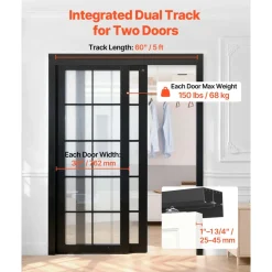 VEVOR Bypass Sliding Door Hardware Kit, 5 ft Aluminum Alloy Dual-Track Bypass Door Hardware, Smooth and Quiet Sliding, Easy to Install, for 1