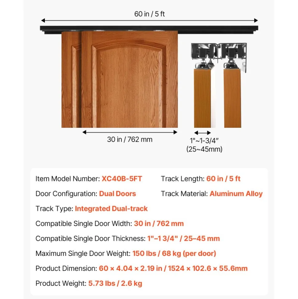 VEVOR Bypass Sliding Door Hardware Kit, 5 ft Aluminum Alloy Dual-Track Bypass Door Hardware, Smooth and Quiet Sliding, Easy to Install, for 1" to 1 3/4" Thickness 30" Width 2 Door System, for Closet