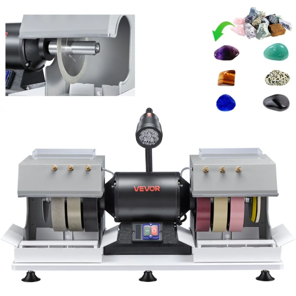 VEVOR Cabbing Machine, 8" 3/4 HP 1800 RPM Efficient, Lapidary Rock Grinder Polisher With Diamond and Resin Wheels, LED Lamp, Water System, Lapidary Equipment for Gemstone Grinding, Stone Polishing