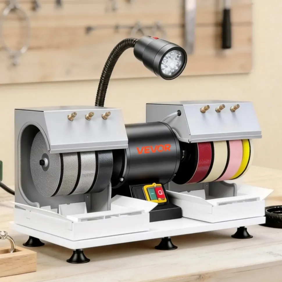 VEVOR Cabbing Machine, 6" 2/5 HP 1800 RPM Efficient, Lapidary Rock Grinder Polisher With Diamond and Resin Wheels, LED Lamp, Water System, Lapidary Equipment for Gemstone Grinding, Stone Polishing