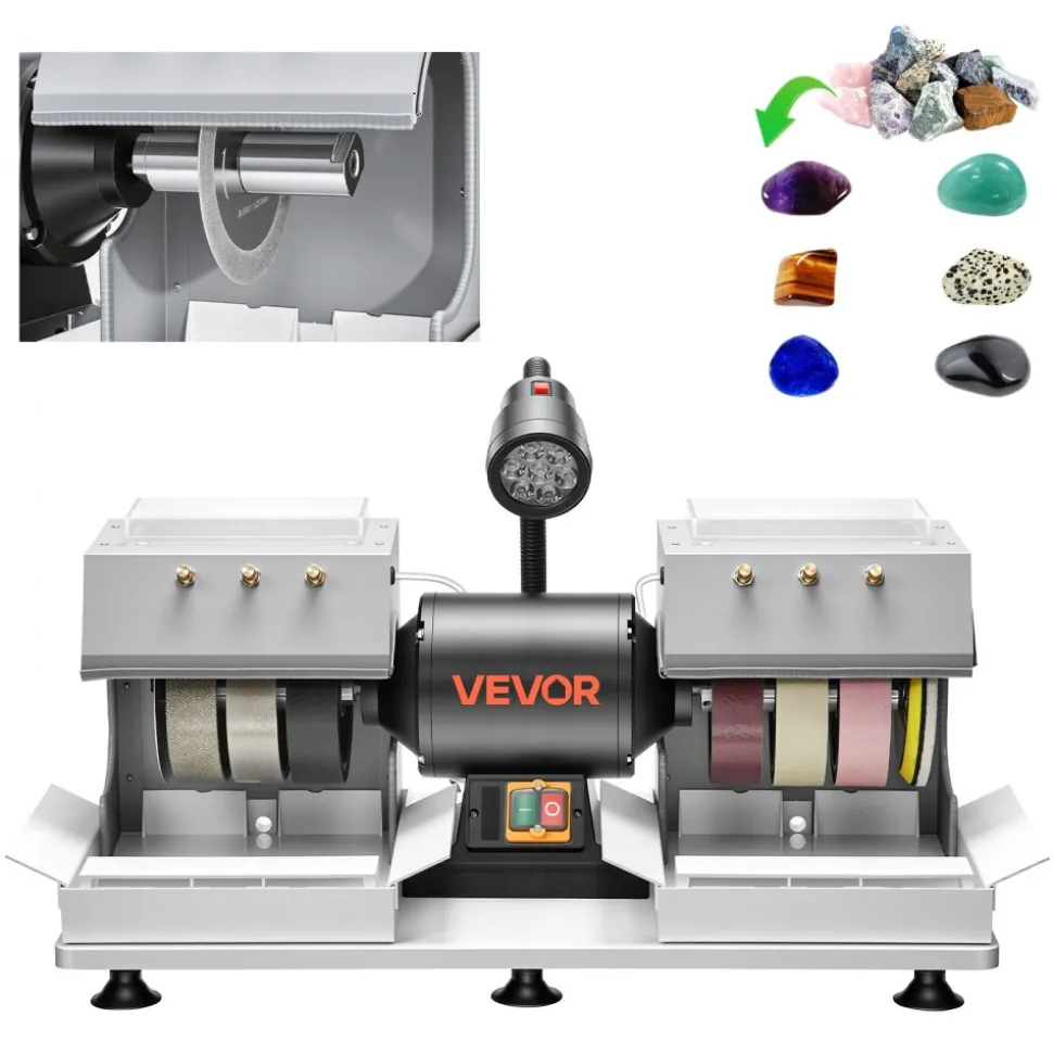VEVOR Cabbing Machine, 6" 2/5 HP 1800 RPM Efficient, Lapidary Rock Grinder Polisher With Diamond and Resin Wheels, LED Lamp, Water System, Lapidary Equipment for Gemstone Grinding, Stone Polishing