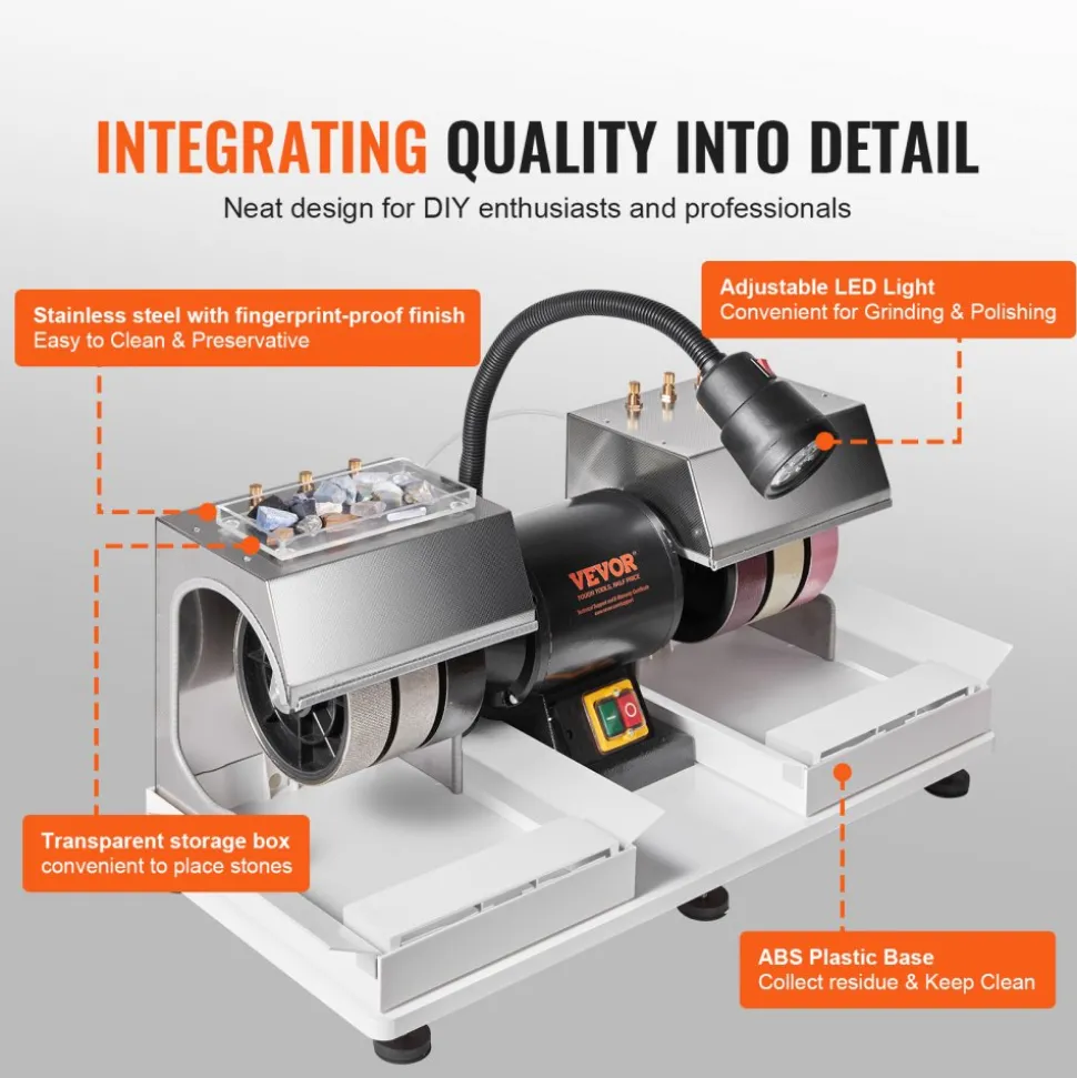 VEVOR Cabbing Machine, 6" 1/4HP 1800rpm Efficient, Lapidary Rock Grinder Polisher With Lamp & Water Pump, Gem Faceting Machine, Rock Grinding Machine for Gem Jade Stone, Create Cabochons for Necklaces