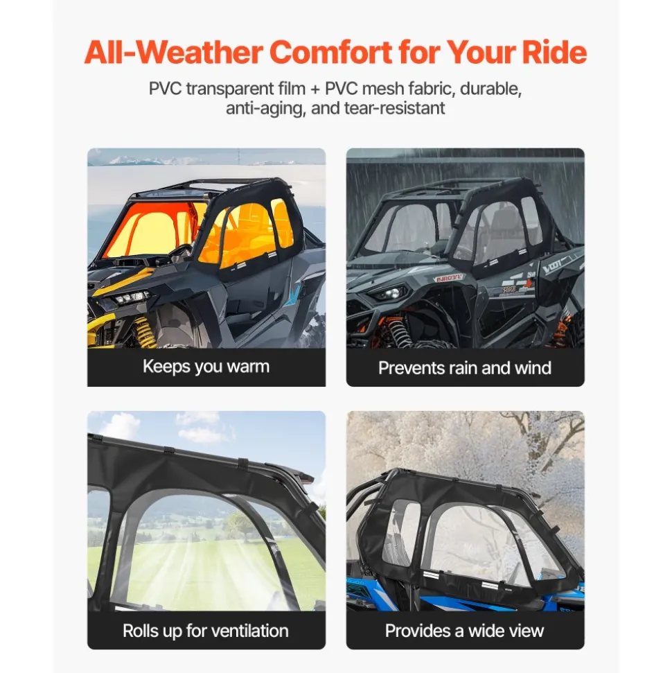 VEVOR Cab Enclosure Upper Doors, Compatible with Polaris RZR XP 1000/XP Turbo 2014-2023, Soft Upper Doors, Windproof Upgraded Zipper UTV Soft Side Window Kit, Work with Side Mirrors and Windshields