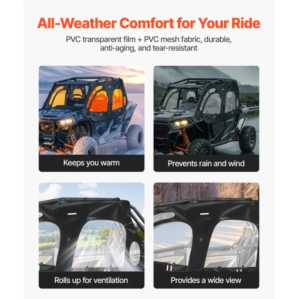 VEVOR Cab Enclosure Upper Doors, Compatible with Polaris RZR XP4 1000/Turbo 2014-2023, Soft Upper Doors, Windproof Upgraded Zipper UTV Soft Side Window Kit, Work with Side Mirrors and Windshields
