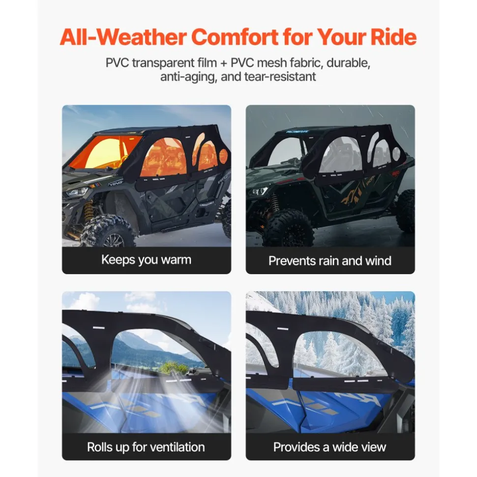 VEVOR Cab Enclosure Upper Doors, Compatible with Polaris RZR PRO 2020-2024/Polaris RZR Turbo2022-2024, Soft Upper Doors, Upgraded Zipper UTV Soft Side Window Kit, Fit with Side Mirrors and Windshields