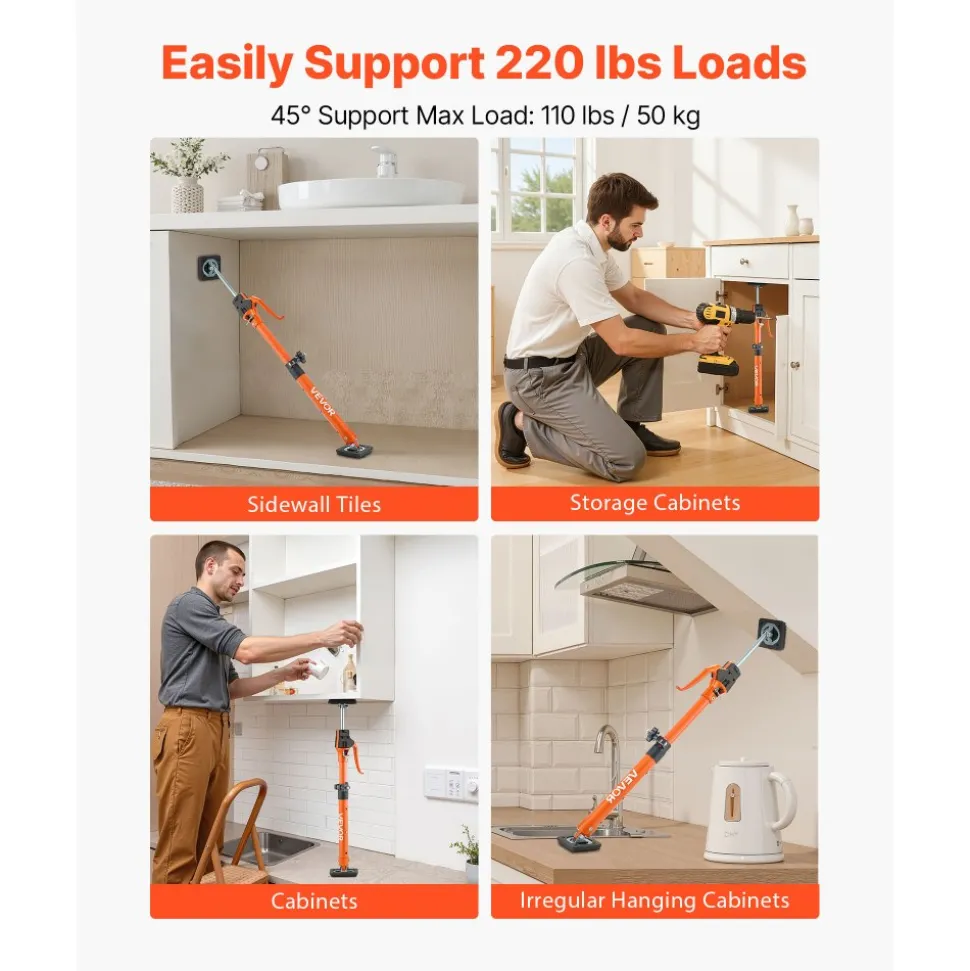 VEVOR Cabinet Jack Support Pole, 2-Pack, 25.4-45.3 Inch Steel Telescopic Quick Support Rod, Adjustable 3rd Hand System up to 220 lbs Capacity for Installing Cabinets, Lifting Drywall, Cargo Bars