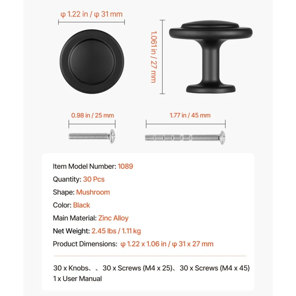 VEVOR Cabinet Knobs, 30 Pack, 1.22 Inch Black Zinc Alloy Drawer Pulls & Door Handles, Mushroom Kitchen Solid Knobs Dresser Handles, Cupboard Hardware with Screws for Bathroom Closet Cabinets Drawers