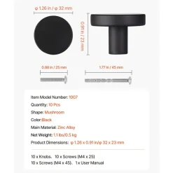 VEVOR Cabinet Knobs, 10 Pack, 1.26 Inch Black Zinc Alloy Drawer Pulls & Door Handles, Mushroom Kitchen Solid Knobs Dresser Handles, Cupboard Hardware with Screws for Bathroom Closet Cabinets Drawers