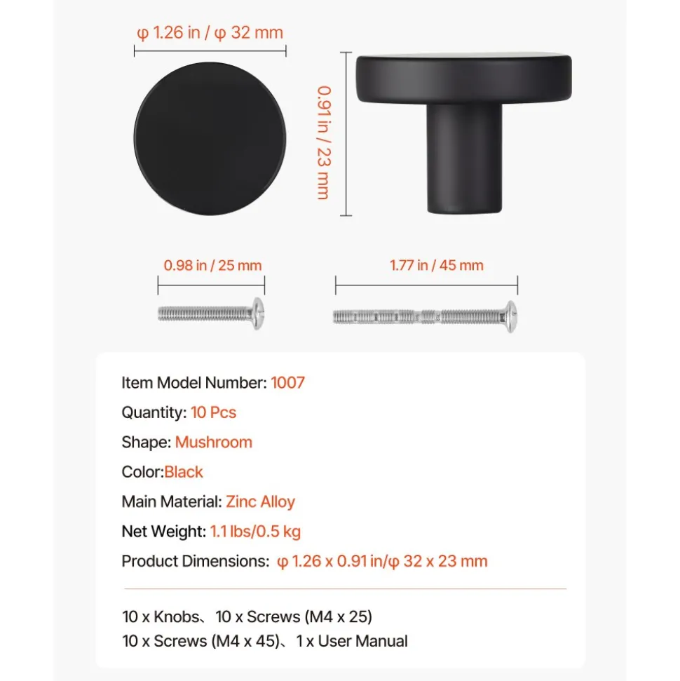 VEVOR Cabinet Knobs, 10 Pack, 1.26 Inch Black Zinc Alloy Drawer Pulls & Door Handles, Mushroom Kitchen Solid Knobs Dresser Handles, Cupboard Hardware with Screws for Bathroom Closet Cabinets Drawers