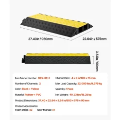 VEVOR Cable Protector Ramp, 22,000 lbs/axle Capacity, 2 Channel Heavy Duty Rubber Cord Hose Wire Cover, 2.2 x 2 in Channel, Traffic Speed Bump with Flip-Open Top Cover, for Indoor Outdoor, 1 Pack