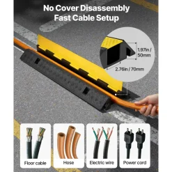 VEVOR Cable Protector Ramp, 22,000 lbs/axle Capacity, 1 Channel Heavy Duty Rubber Cord Hose Wire Cover, 2.76 x 1.97 in Channel, Traffic Speed Bump with Flip-Open Top Cover, for Indoor Outdoor, 1 Pack