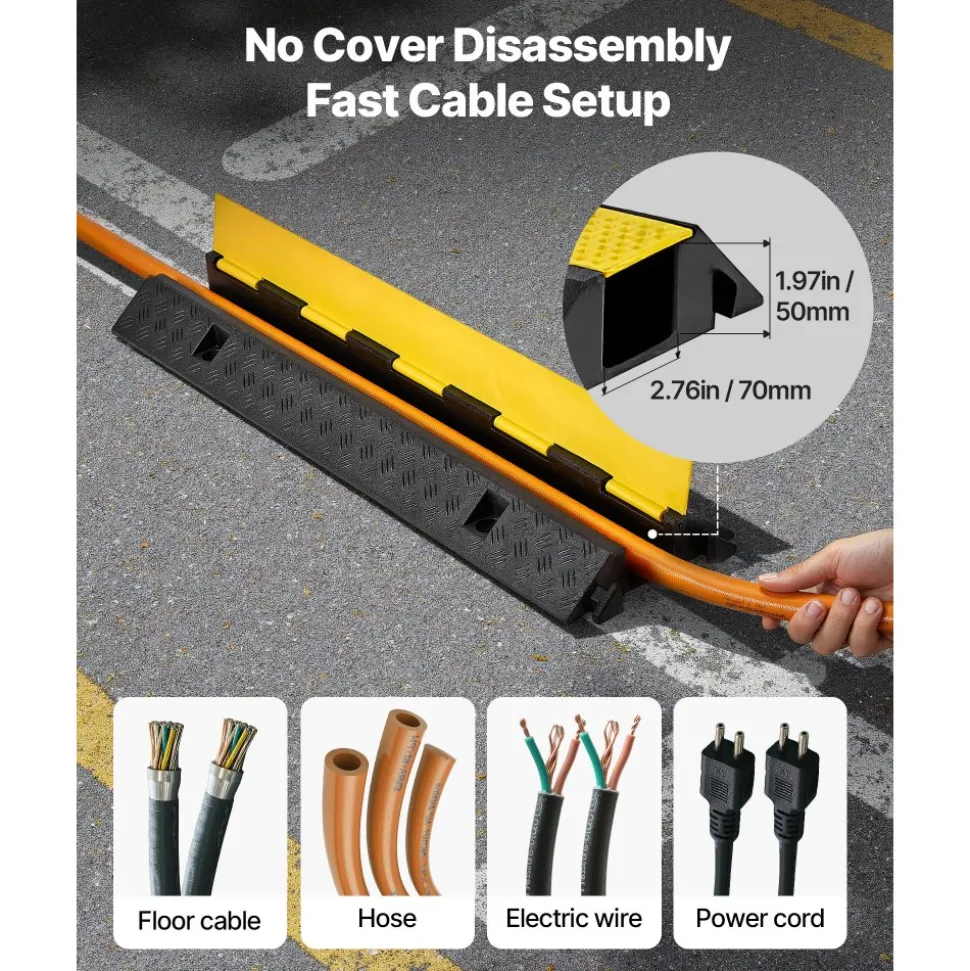 VEVOR Cable Protector Ramp, 22,000 lbs/axle Capacity, 1 Channel Heavy Duty Rubber Cord Hose Wire Cover, 2.76 x 1.97 in Channel, Traffic Speed Bump with Flip-Open Top Cover, for Indoor Outdoor, 1 Pack