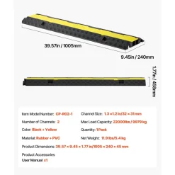 VEVOR Cable Protector Ramp, 22,000 lbs/axle Capacity, 2 Channel Heavy Duty Rubber Cord Hose Wire Cover, 1.3 x 1.2 in Channel, Traffic Speed Bump with Flip-Open Top Cover, for Indoor Outdoor, 1 Pack