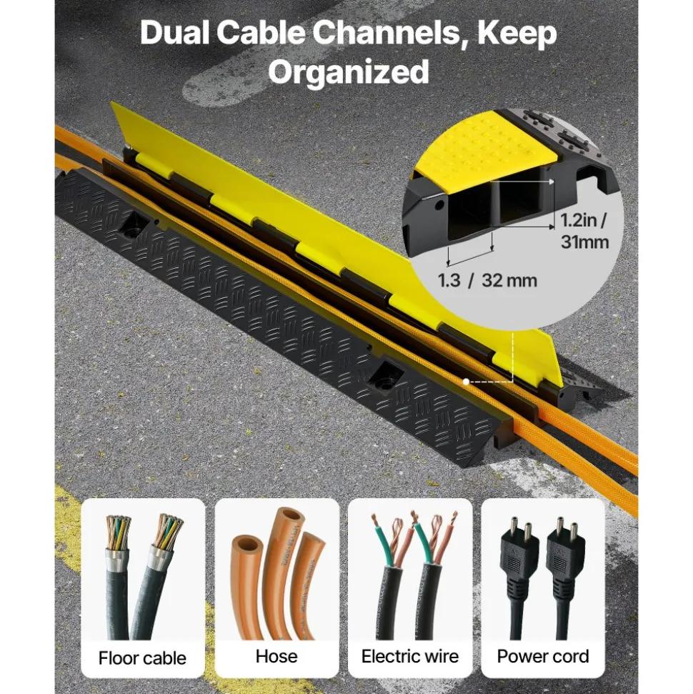 VEVOR Cable Protector Ramp, 22,000 lbs/axle Capacity, 2 Channel Heavy Duty Rubber Cord Hose Wire Cover, 1.3 x 1.2 in Channel, Traffic Speed Bump with Flip-Open Top Cover, for Indoor Outdoor, 1 Pack