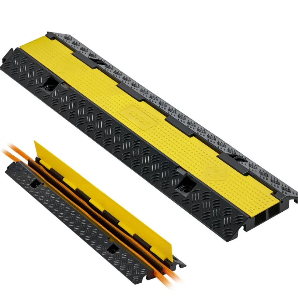 VEVOR Cable Protector Ramp, 22,000 lbs/axle Capacity, 2 Channel Heavy Duty Rubber Cord Hose Wire Cover, 1.3 x 1.2 in Channel, Traffic Speed Bump with Flip-Open Top Cover, for Indoor Outdoor, 1 Pack