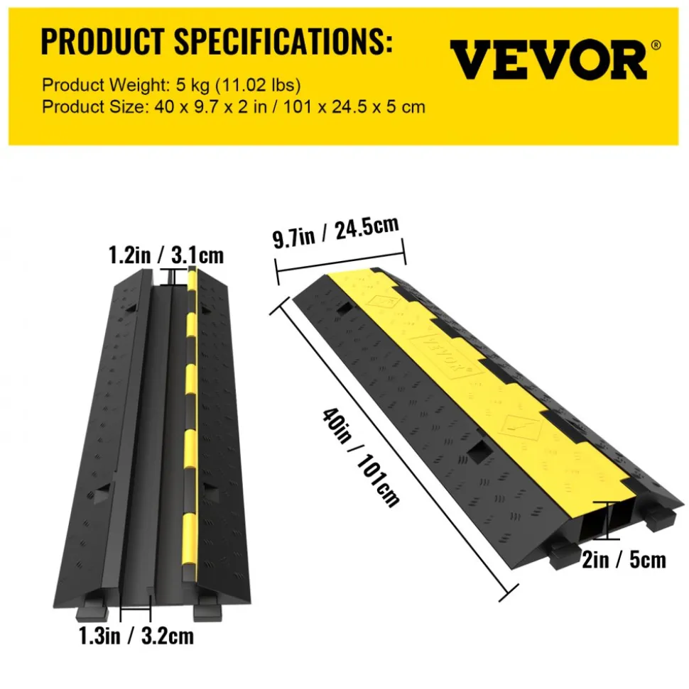 VEVOR Cable Protector Ramp, 4 Packs 2 Channels Speed Bump Hump, Rubber Modular Speed Bump Rated 11000 LBS Load Capacity, Protective Wire Cord Ramp Driveway Rubber Traffic Speed Bumps Cable Protector