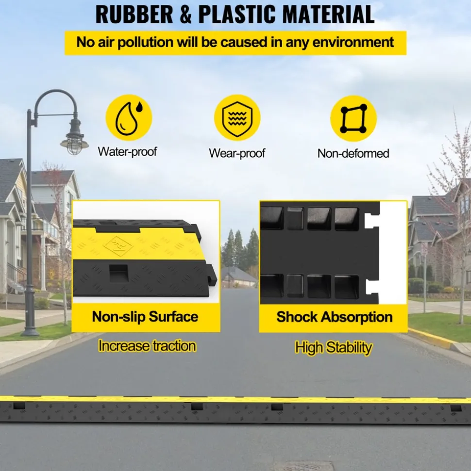 VEVOR Cable Protector Ramp, 4 Packs 2 Channels Speed Bump Hump, Rubber Modular Speed Bump Rated 11000 LBS Load Capacity, Protective Wire Cord Ramp Driveway Rubber Traffic Speed Bumps Cable Protector
