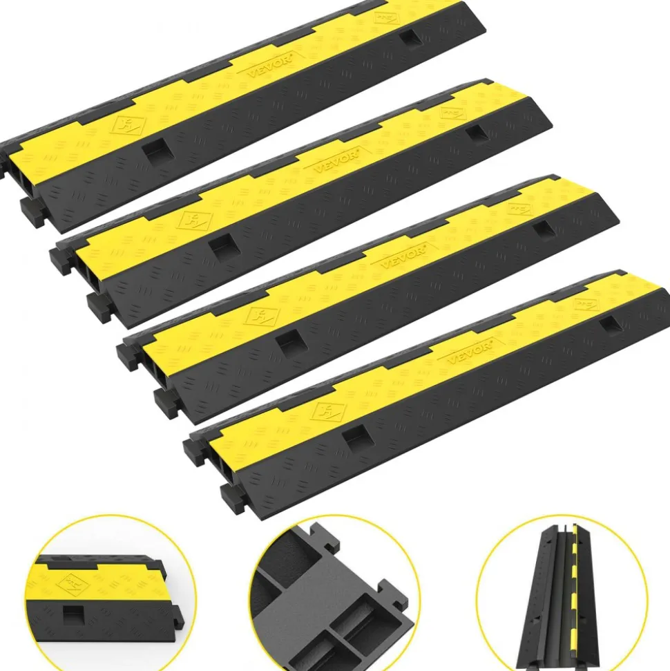 VEVOR Cable Protector Ramp, 4 Packs 2 Channels Speed Bump Hump, Rubber Modular Speed Bump Rated 11000 LBS Load Capacity, Protective Wire Cord Ramp Driveway Rubber Traffic Speed Bumps Cable Protector