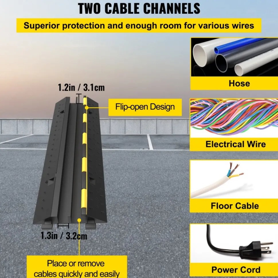 VEVOR Cable Protector Ramp, 4 Packs 2 Channels Speed Bump Hump, Rubber Modular Speed Bump Rated 11000 LBS Load Capacity, Protective Wire Cord Ramp Driveway Rubber Traffic Speed Bumps Cable Protector