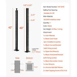VEVOR Cable Railing Post, 42x2x2 Inch Level Deck Stair Posts, 1-Pack Stainless Steel Cable Handrail Post, Pre-Drilled Pickets with Mounting Bracket Stair Railing Kit, Black, 1JZLGZXHS106AWJO6001V0