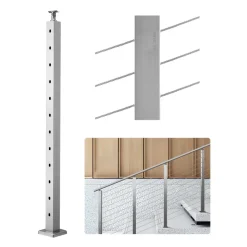 VEVOR Cable Railing Post, 42x2x2 Inch Stair Railing Post, with Pre-Drilled 30° Angled Holes, Stainless Steel Cable Rail Post with Horizontal and Curved Bracket, 1-Pack, Silver, 1JZLGZXYS1062TLWC001V0