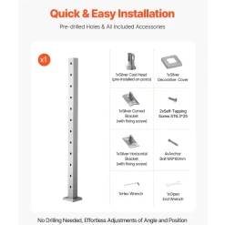 VEVOR Cable Railing Post, 42x2x2 Inch Stair Railing Post, with Pre-Drilled 30° Angled Holes, Stainless Steel Cable Rail Post with Horizontal and Curved Bracket, 1-Pack, Silver, 1JZLGZXYS1062TLWC001V0