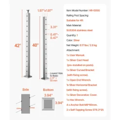 VEVOR Cable Railing Post, 42x2x2 Inch Stair Railing Post, with Pre-Drilled 30° Angled Holes, Stainless Steel Cable Rail Post with Horizontal and Curved Bracket, 1-Pack, Silver, 1JZLGZXYS1062TLWC001V0