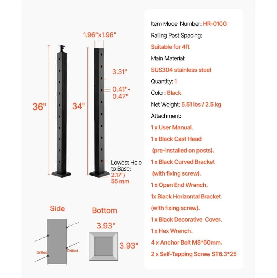 VEVOR Cable Railing Post, 36x2x2 Inch Corner Railing Post, with L-Shaped Pre-Drilled Holes, Stainless Steel Cable Rail Post with Horizontal and Curved Bracket, 1-Pack, Black, 1JZLGZXHS914ZPBNY001V0