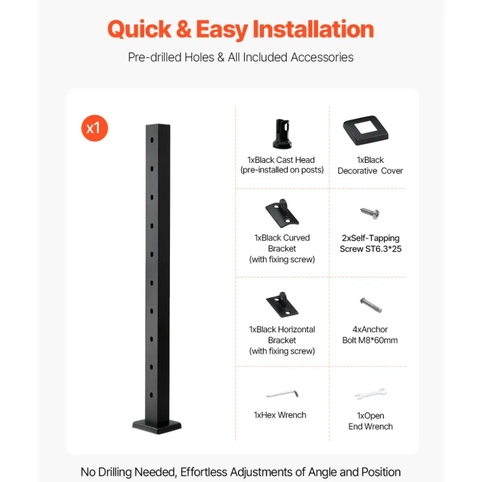 VEVOR Cable Railing Post, 36x2x2 Inch Corner Railing Post, with L-Shaped Pre-Drilled Holes, Stainless Steel Cable Rail Post with Horizontal and Curved Bracket, 1-Pack, Black, 1JZLGZXHS914ZPBNY001V0