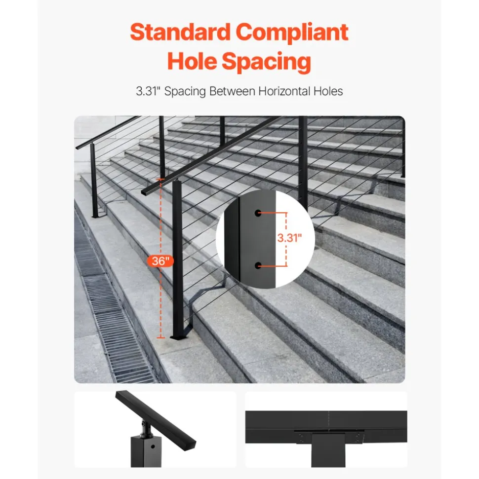 VEVOR Cable Railing Post, 36x2x2 Inch Corner Railing Post, with L-Shaped Pre-Drilled Holes, Stainless Steel Cable Rail Post with Horizontal and Curved Bracket, 1-Pack, Black, 1JZLGZXHS914ZPBNY001V0