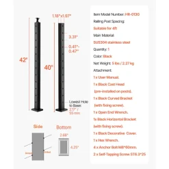 VEVOR Cable Railing Post, 42x2x2 Inch Level Deck Stair Posts, 1-Pack Stainless Steel Cable Handrail Post, Pre-Drilled Pickets with Mounting Bracket Stair Railing Kit, Silver, 1JZLGZXYS1061EF8W001V0