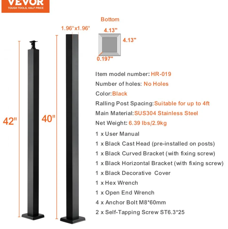 VEVOR Cable Railing Post, 42" x 2" x 2" Steel Level Deck Railing Post Without Holes, SUS304 Stainless Steel Cable Rail Post, Stair Handrail Post with Horizontal and Curved Bracket, 1-Pack, Black