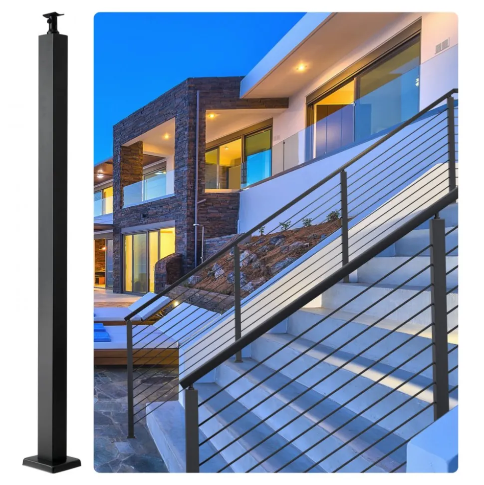 VEVOR Cable Railing Post, 42" x 2" x 2" Steel Level Deck Railing Post Without Holes, SUS304 Stainless Steel Cable Rail Post, Stair Handrail Post with Horizontal and Curved Bracket, 1-Pack, Black