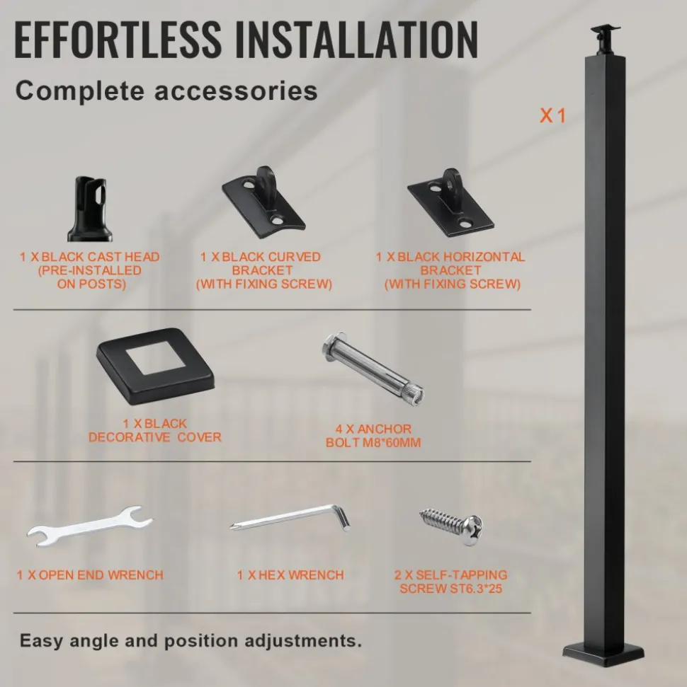 VEVOR Cable Support Post, 36" Height, 2" Width, Steel Construction, No Pre-drilled Holes, Made of Durable SUS304 Stainless Steel, Includes Horizontal and Curved Brackets for Deck and Stair Handrail