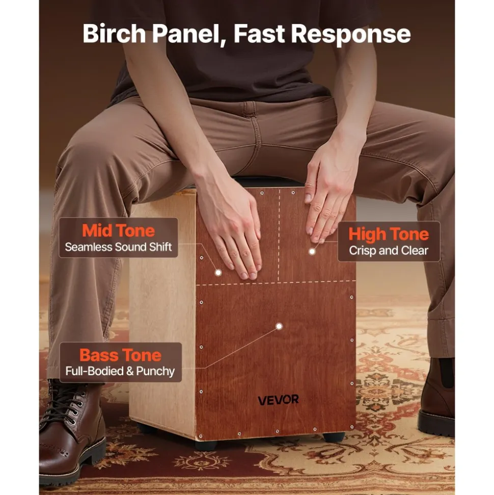 VEVOR Cajon Box Drum Wooden Birchwood Percussion Instrument Snare Wires Travel Bag