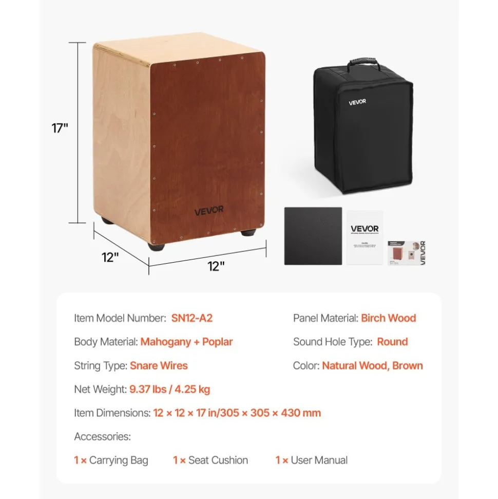 VEVOR Cajon Box Drum Wooden Birchwood Percussion Instrument Snare Wires Travel Bag