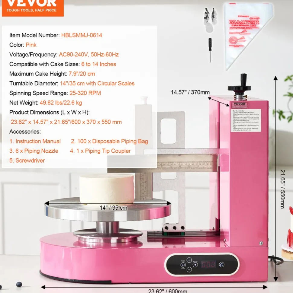 VEVOR Cake Decorating Machine, Cake Cream Spreading Coating Smearing Machine, Low Noise Cake Frosting Machine, Turntable with Adjustable Scraper, for 6" to 14" Cake, 25-320RPM Rotating Speed, Pink