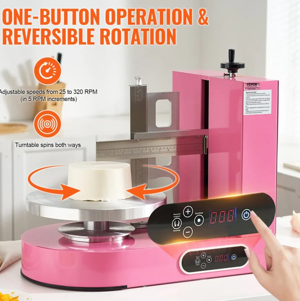 VEVOR Cake Decorating Machine, Cake Cream Spreading Coating Smearing Machine, Low Noise Cake Frosting Machine, Turntable with Adjustable Scraper, for 6" to 14" Cake, 25-320RPM Rotating Speed, Pink