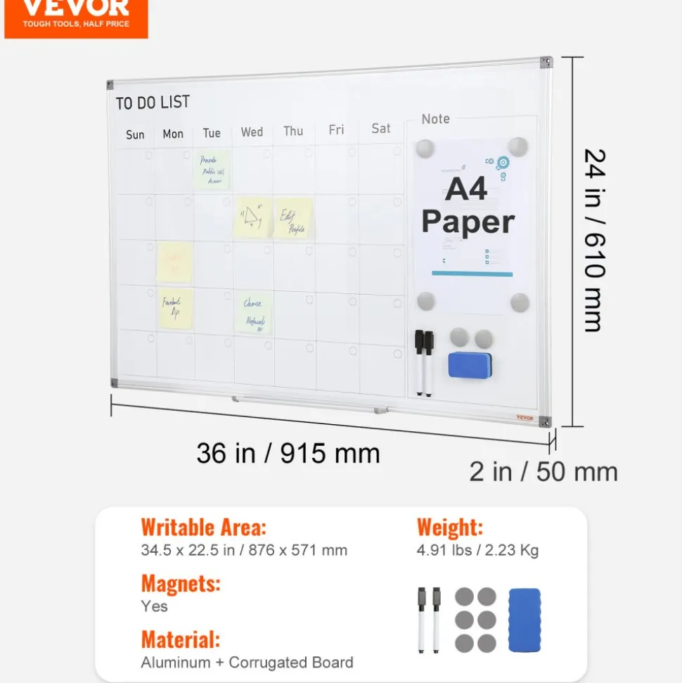 VEVOR Calendar Whiteboard, 36 x 24 Inches Magnetic Dry Erase Calendar Board, Monthly Planner Whiteboard for Wall, 1 Magnetic Erase & 2 Dry Erase Marker & Movable Tray for Restaurant Office Home School